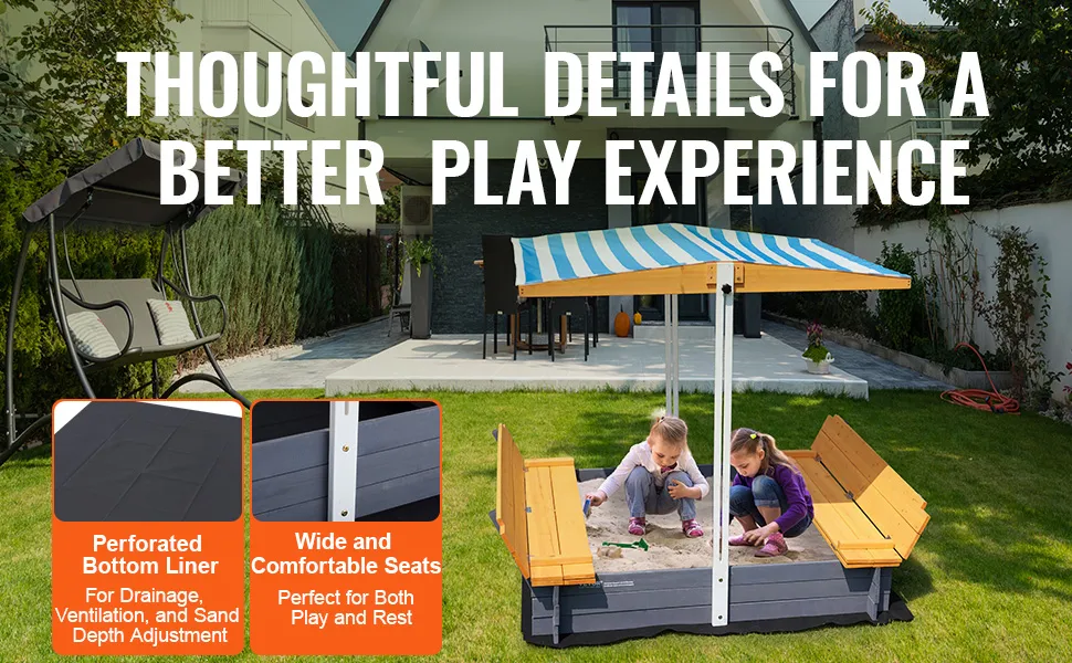 children playing in a VEVOR wooden sandbox with a blue-striped canopy in a backyard setting.