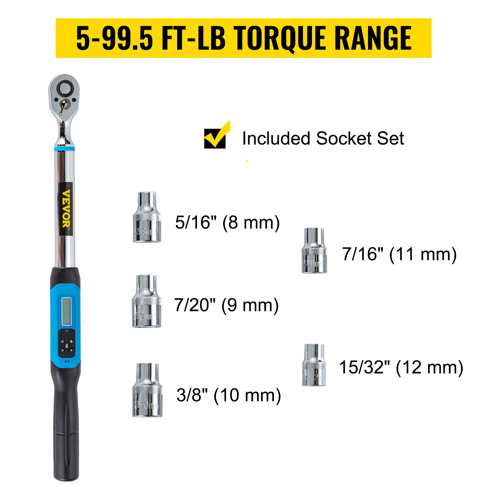 Llave dinamométrica digital VEVOR con juego de dados incluido y rango de torsión de 5 a 99,5 ft-lb.