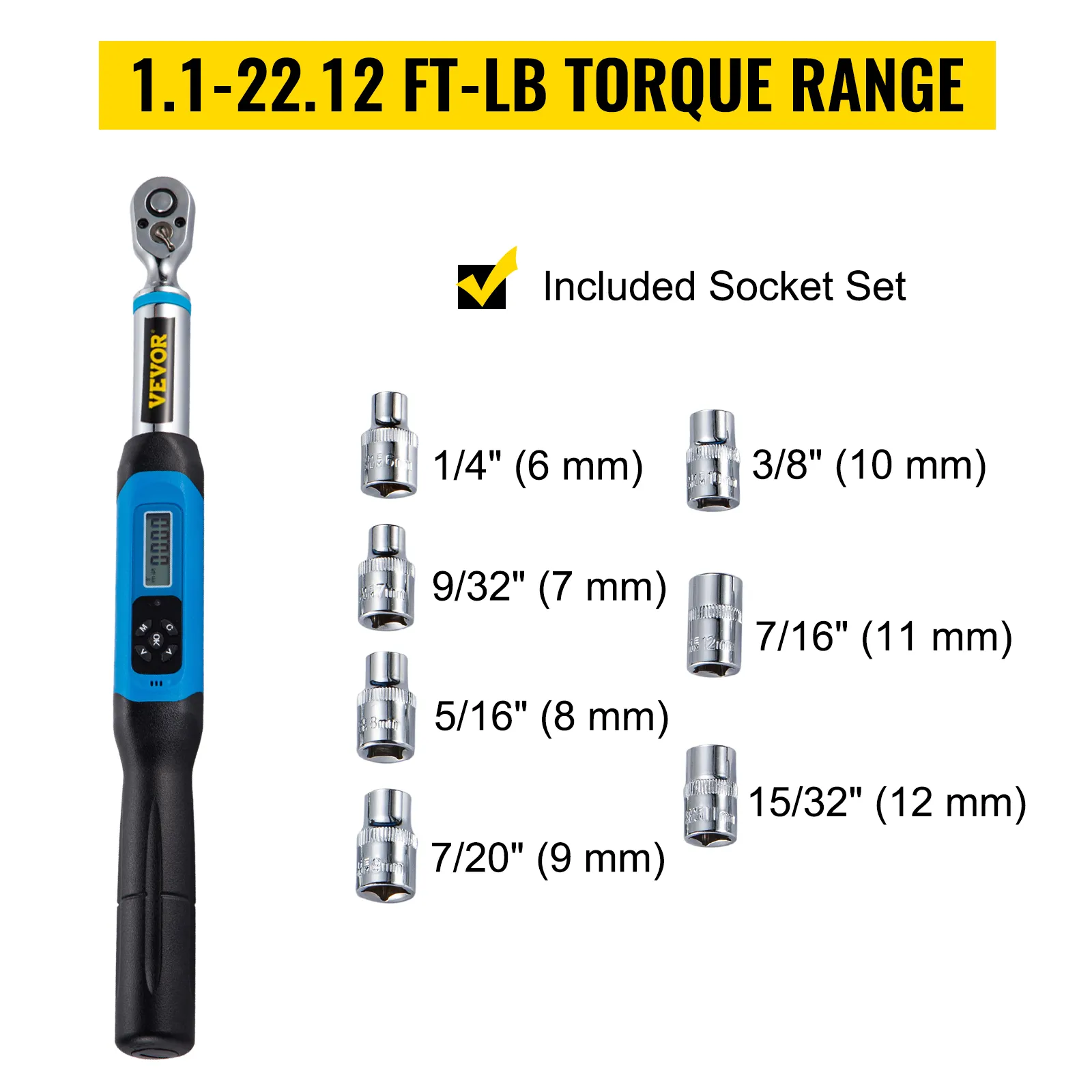 Llave dinamométrica digital VEVOR con juego de dados incluido y un rango de 1,1 a 22,12 ft-lb.