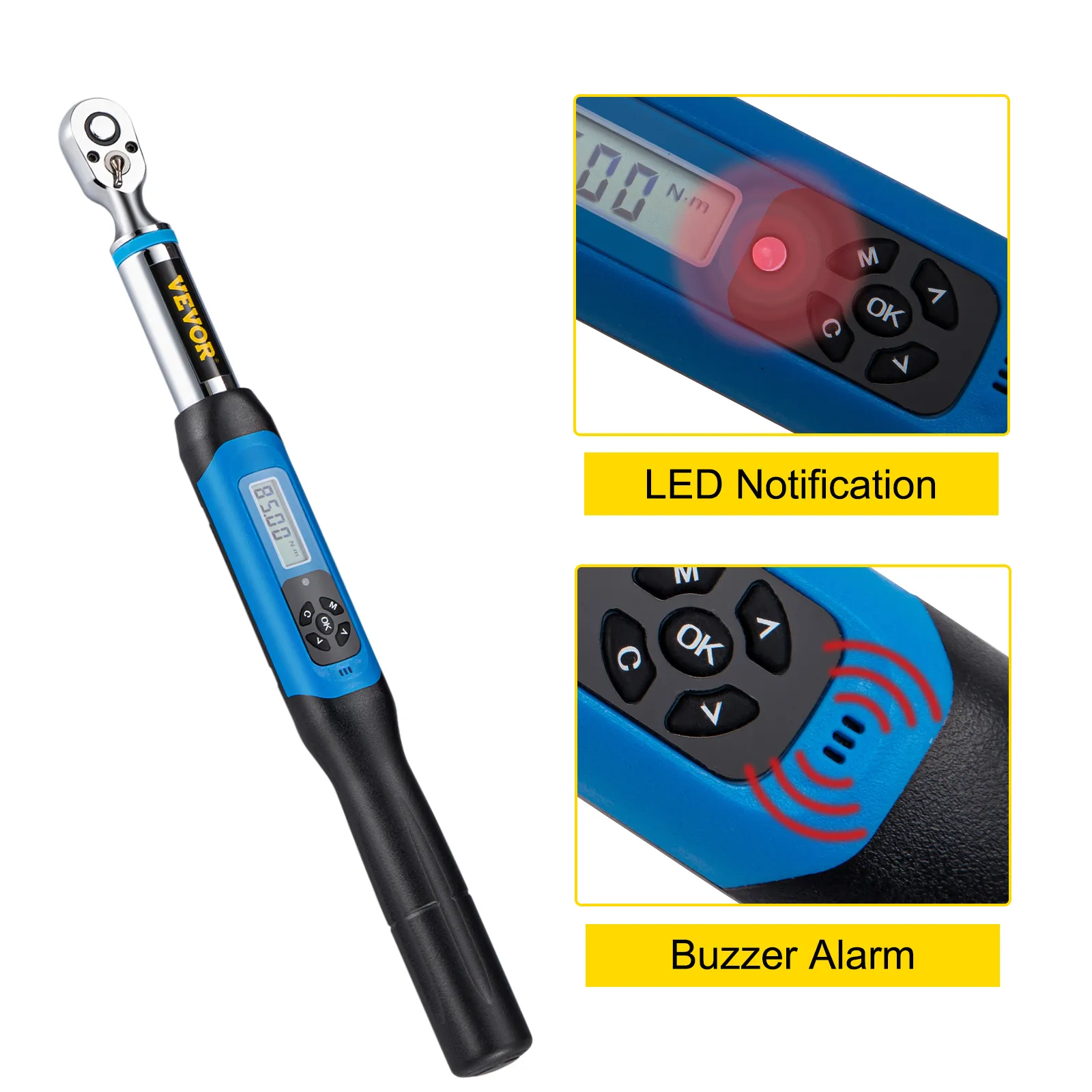Llave dinamométrica digital VEVOR con funciones de notificación LED y alarma sonora.