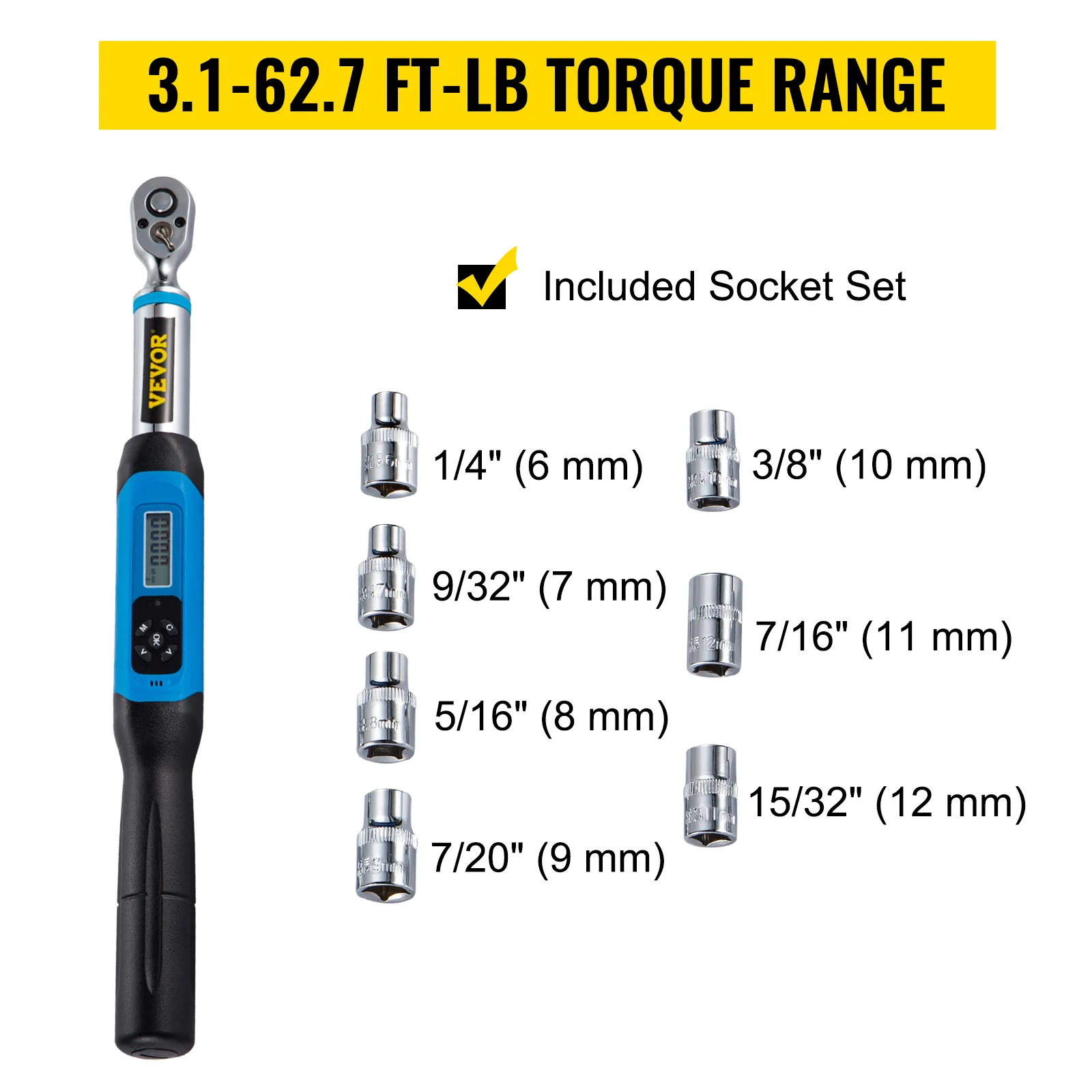 VEVOR digital torque wrench with socket set, torque range 3.1-62.7 ft-lb.