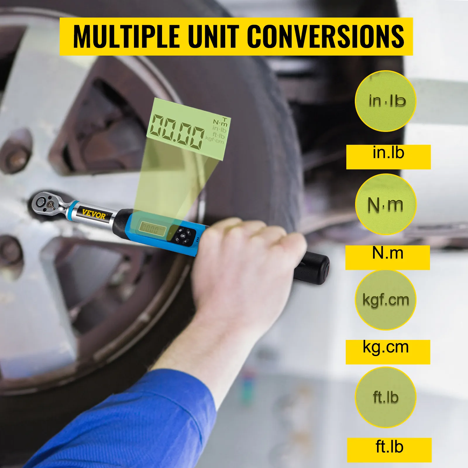 VEVOR digital torque wrench displaying multiple unit conversions on a car wheel.