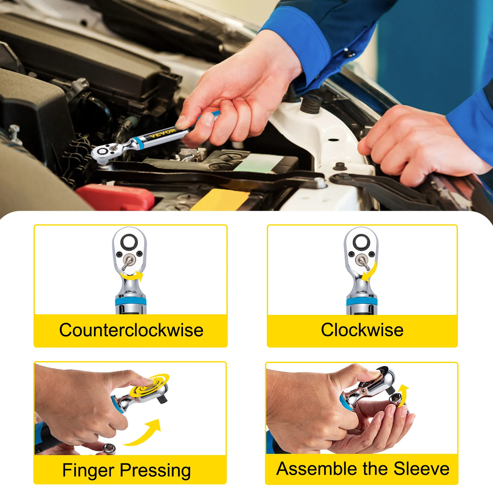 mechanic using VEVOR digital torque wrench with instructions for counterclockwise, clockwise, finger pressing, and assembling the sleeve.