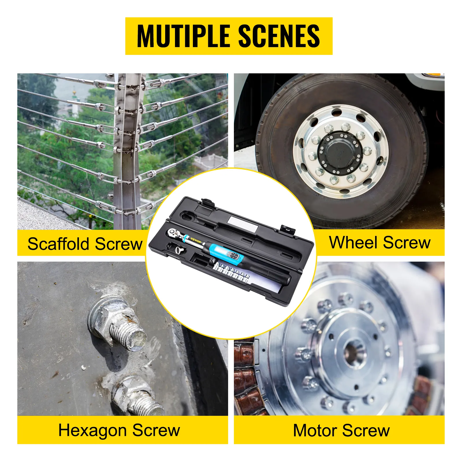 VEVOR digital torque wrench with scaffold, wheel, hexagon, and motor screws.