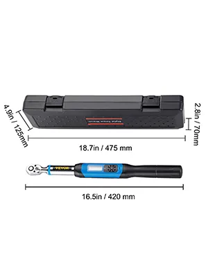 VEVOR digital torque wrench with case, dimensions labeled in inches and millimeters.