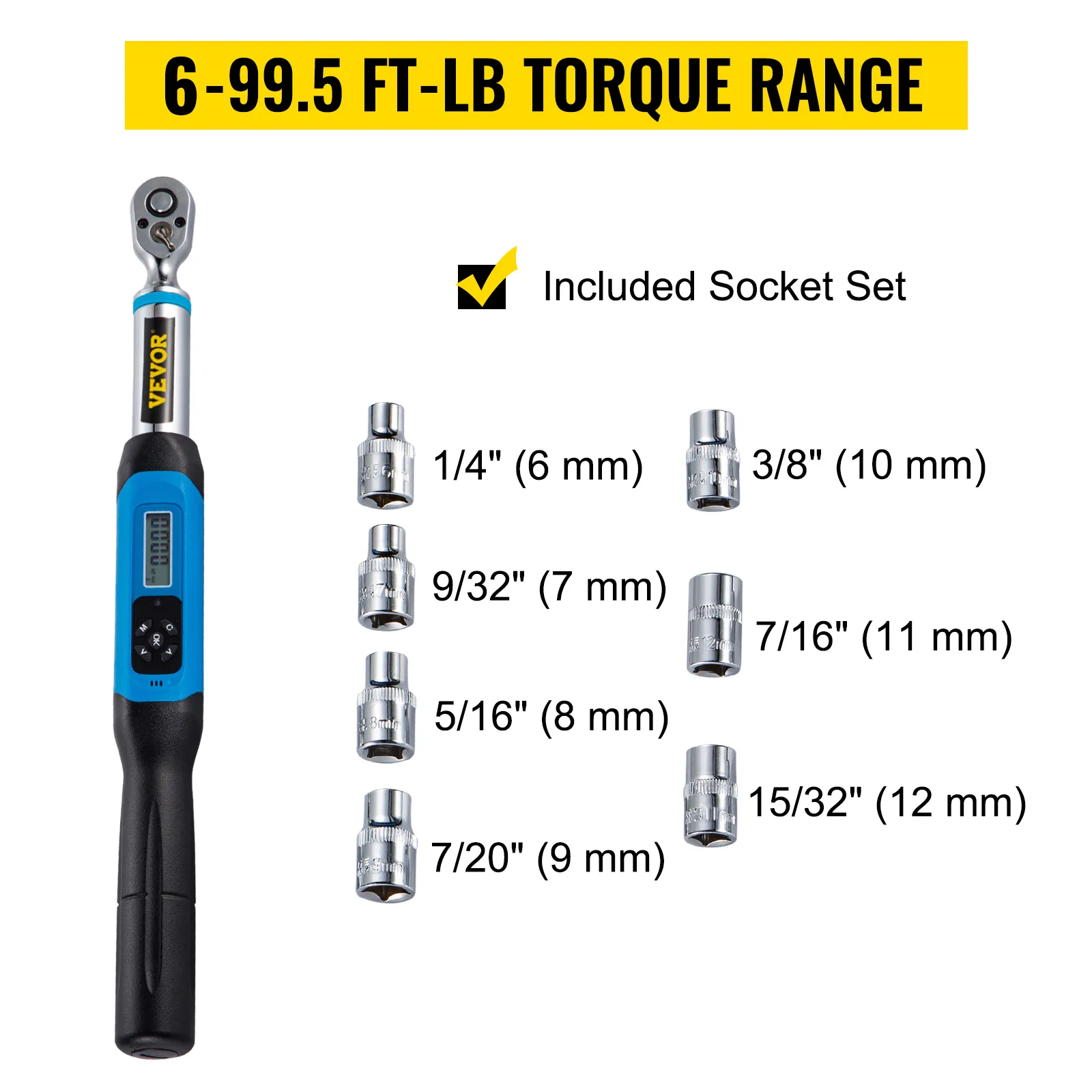 VEVOR digital torque wrench with 6-99.5 ft-lb range and included socket set.