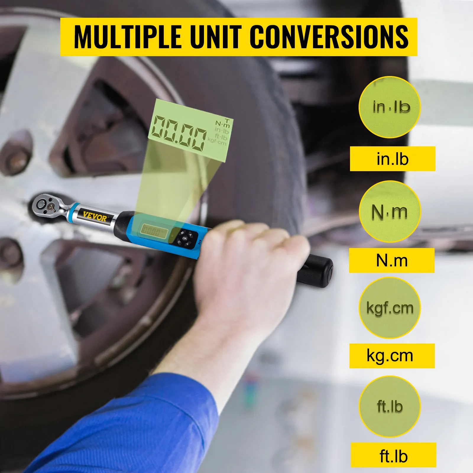 mechanic using VEVOR digital torque wrench with multiple unit conversions.