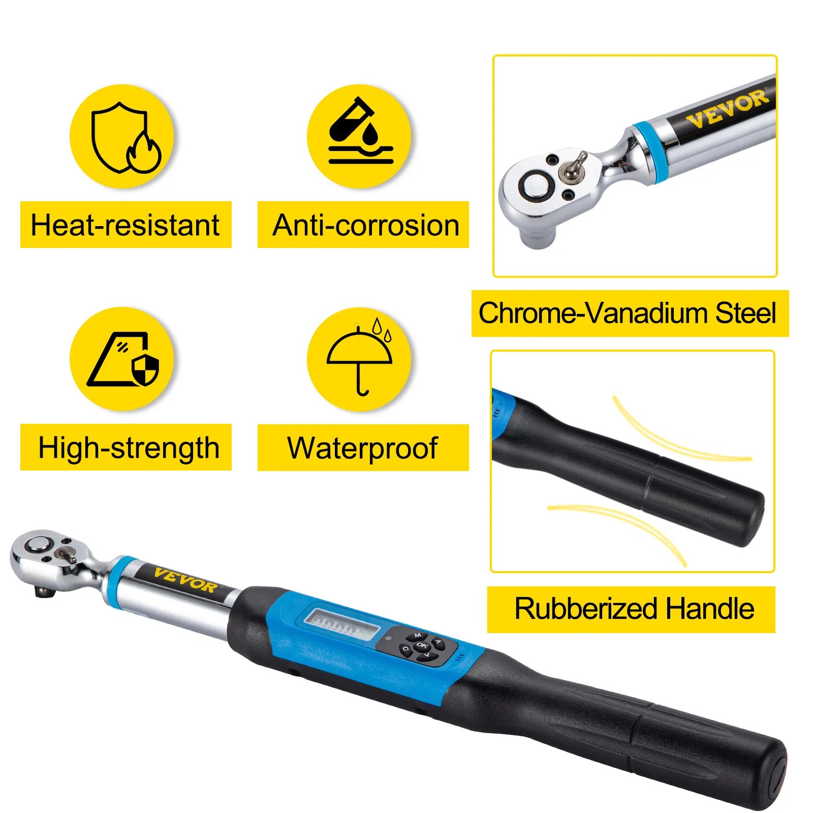 VEVOR digital torque wrench features heat-resistant, waterproof, anti-corrosion design.