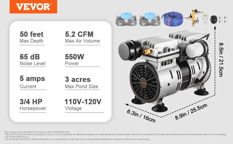Aireador de estanque VEVOR con 550 W de potencia, 5,2 cfm y 3/4 hp para estanques de hasta 3 acres.