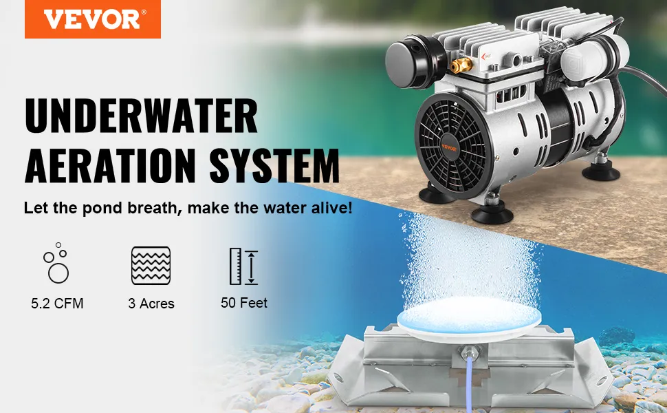 Aireador de estanque VEVOR que muestra un sistema de aireación subacuática, 5,2 cfm, cubre 3 acres y 50 pies de profundidad.