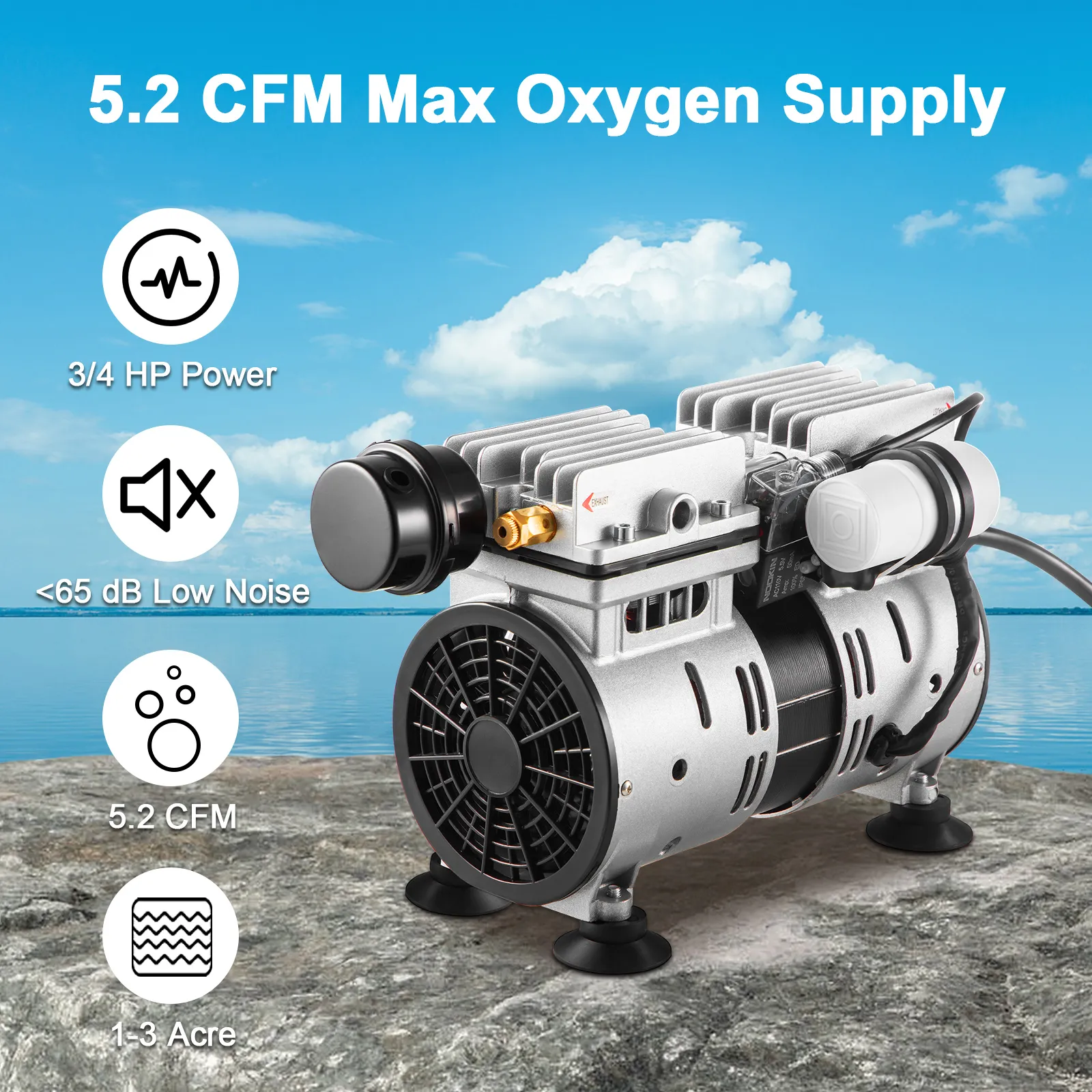 VEVOR-beluchter met een maximale zuurstoftoevoer van 5,2 cfm, een vermogen van 3/4 pk, een laag geluidsniveau van <65 dB en is geschikt voor 1-3 acres.