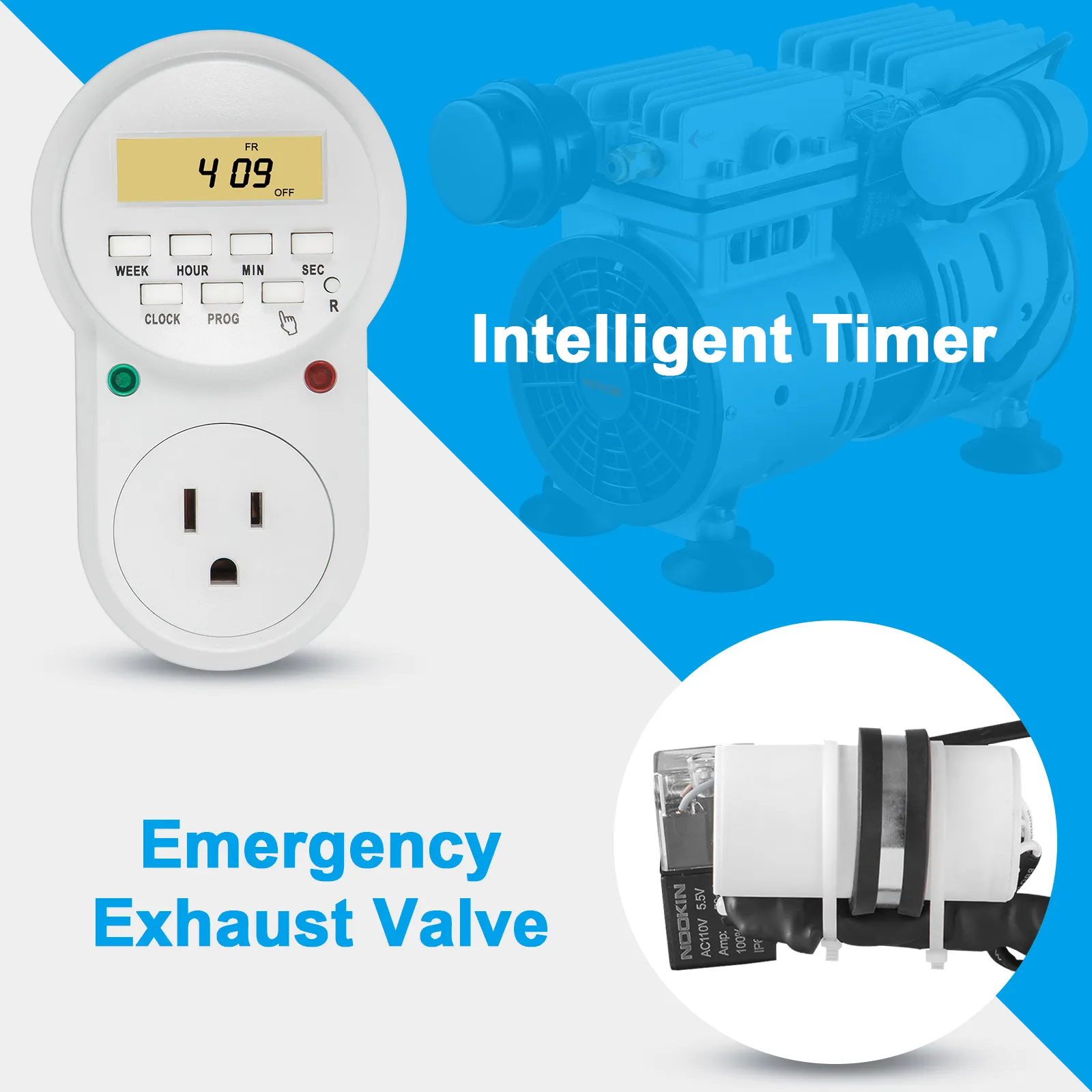 VEVOR beluchter met intelligente timer en noodafvoerklep, digitaal display en bedieningselementen.