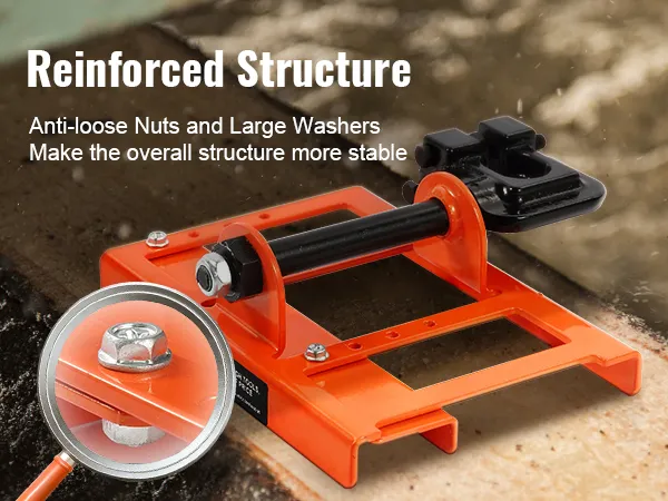 orange VEVOR chainsaw mill with reinforced structure, featuring anti-loose nuts and large washers.