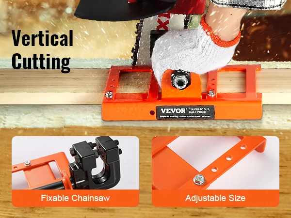 VEVOR chainsaw mill for vertical cutting with adjustable size and fixable chainsaw features.