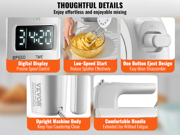 VEVOR Digital Electric Hand Mixer, 5-Speed, 200W Portable