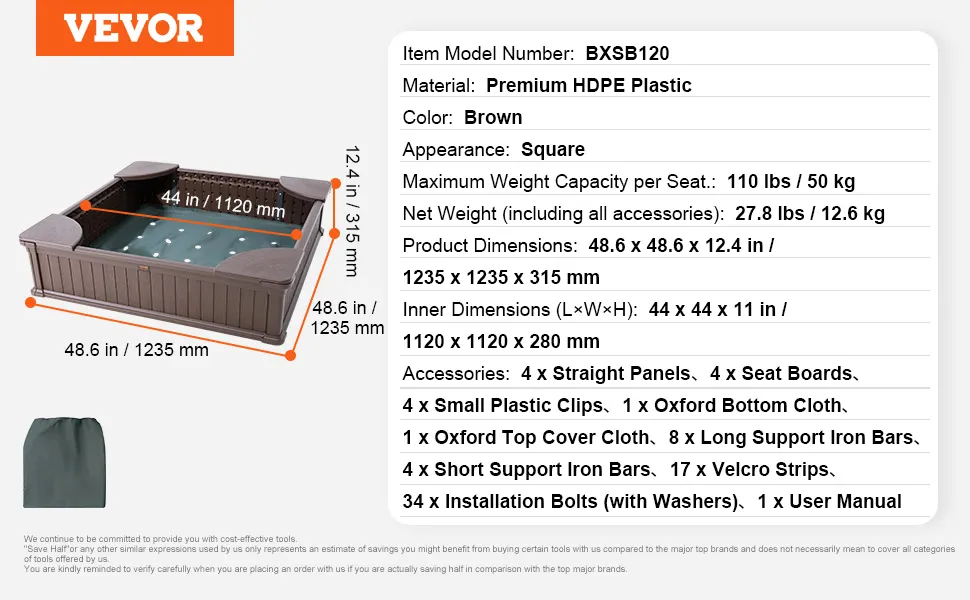 VEVOR sandbox, item bxsb120, square, brown, 1235x1235x315mm, 110 lbs max capacity per seat.
