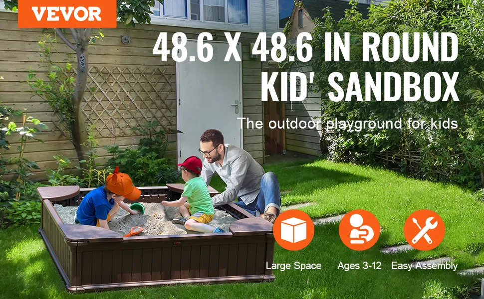 VEVOR sandbox - 48.6 x 48.6 in round kid's sandbox, large space, ages 3-12, easy assembly, outdoor playground.