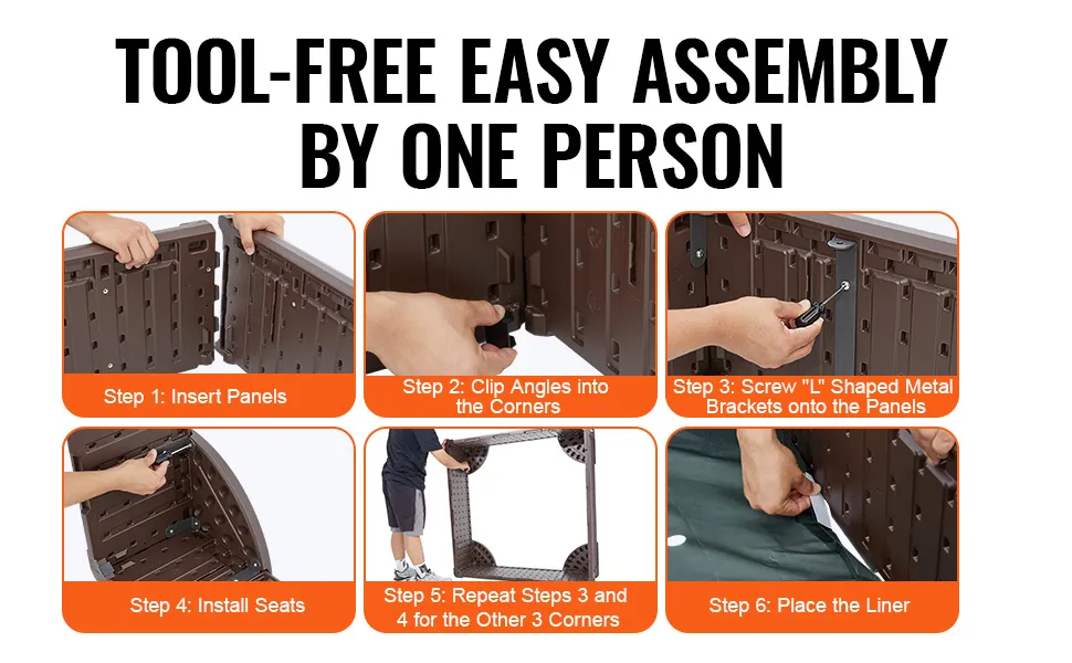 VEVOR sandbox assembly guide: step-by-step instructions for easy, tool-free assembly by one person.