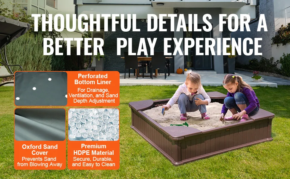 kids playing in VEVOR sandbox, featuring perforated bottom liner, oxford sand cover, and hdpe material.