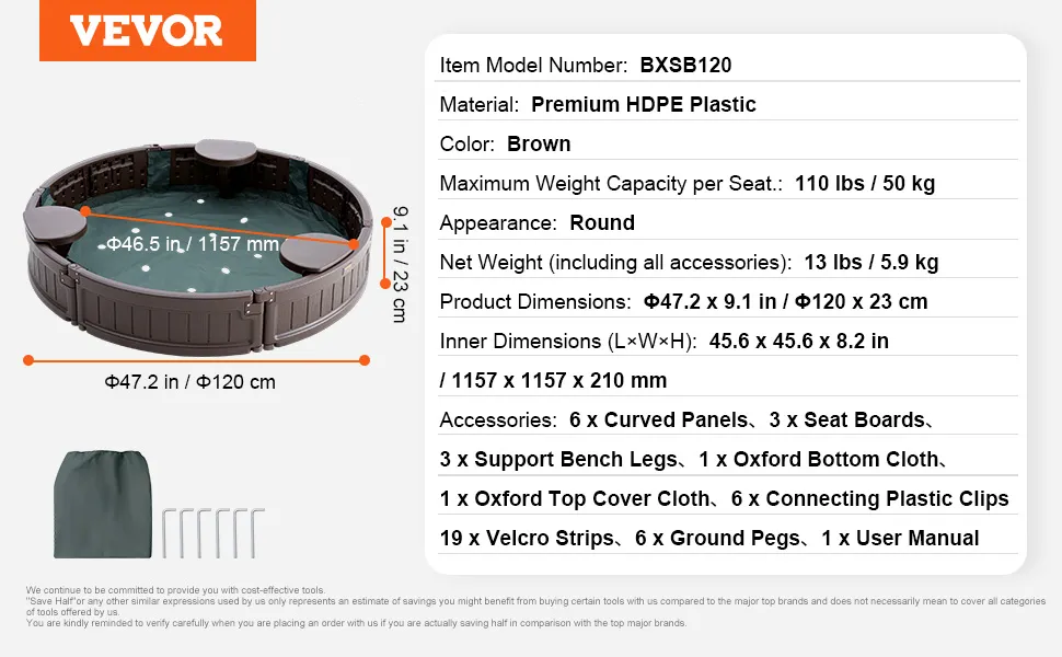 VEVOR sandbox bxsb120, premium hdpe plastic, round, brown, 120 cm diameter, includes accessories.