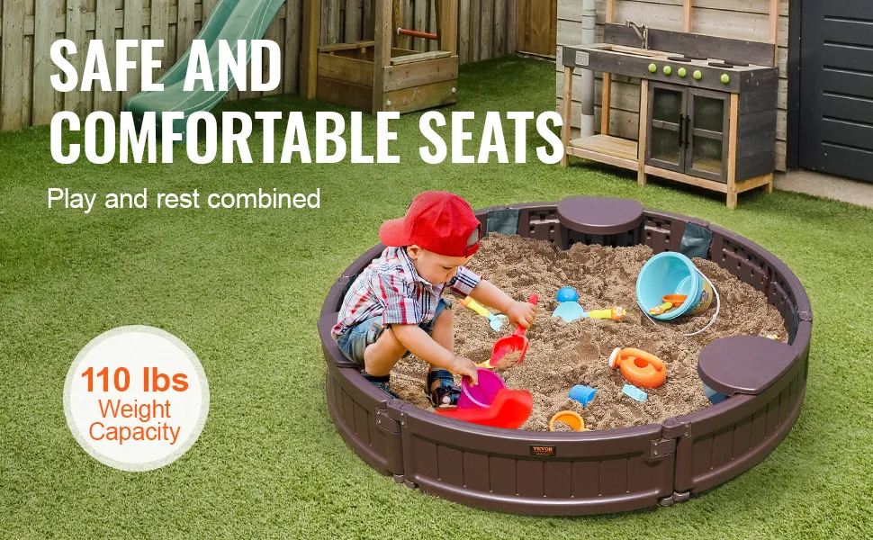 VEVOR sandbox with safe seats, child playing with toys on green lawn, 110 lbs weight capacity.