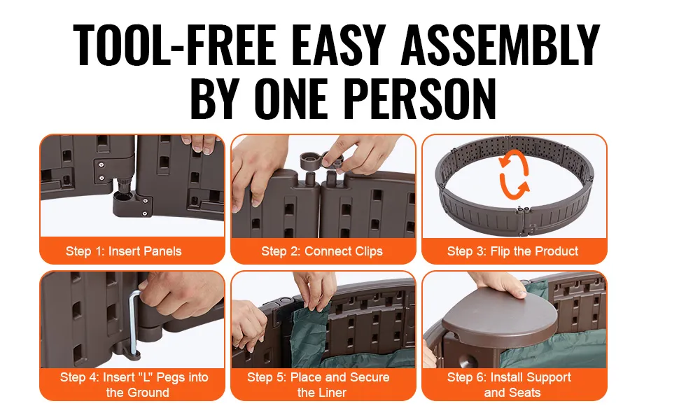 instruction steps for VEVOR sandbox assembly: insert panels, connect clips, flip, peg, secure liner, install seats.