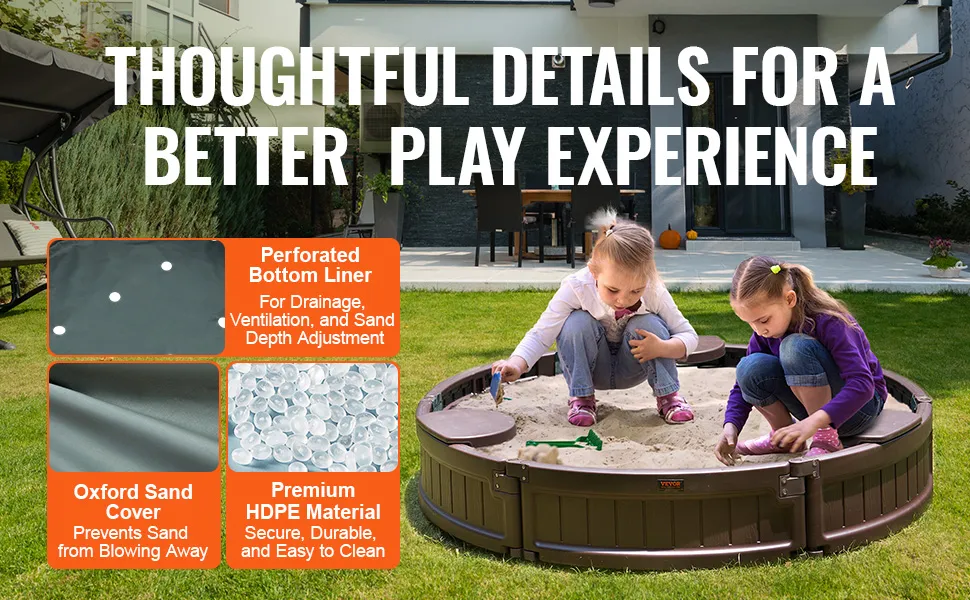 children playing in a VEVOR sandbox with premium hdpe material, oxford sand cover, and perforated bottom liner.
