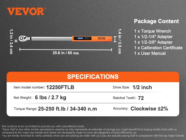 VEVOR digital torque wrench with 25.6-inch length, 1/2 inch drive size, and 25-250 ft.lb torque range.