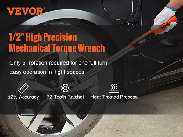 VEVOR digital torque wrench in use on a car tire, highlighting its ±2% accuracy and 72-tooth ratchet.