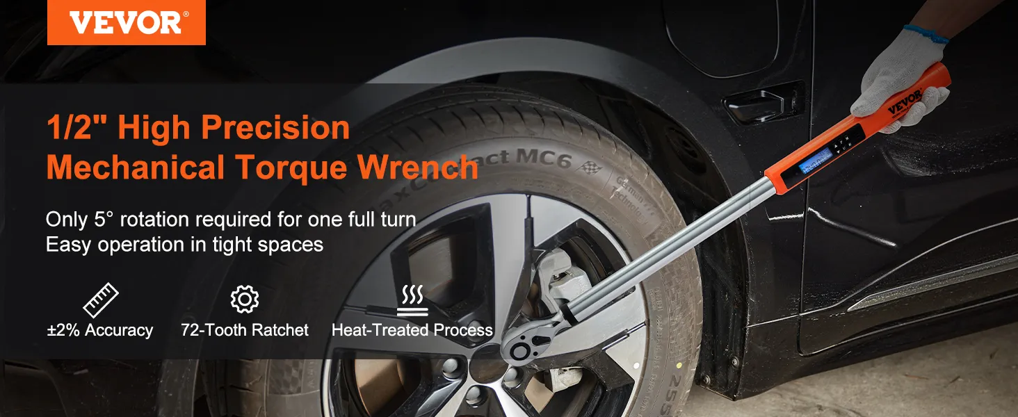 VEVOR digital torque wrench in use on a car tire, highlighting its ±2% accuracy and 72-tooth ratchet.
