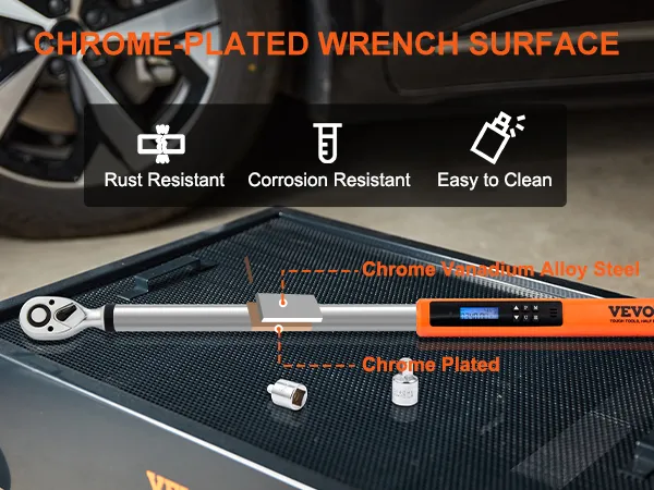 VEVOR digital torque wrench with chrome-plated surface, corrosion-resistant and easy to clean design.