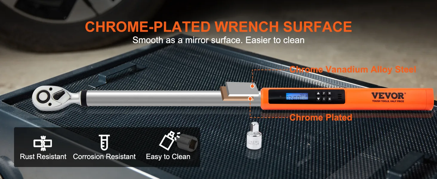 VEVOR digital torque wrench with chrome-plated surface, corrosion-resistant and easy to clean design.