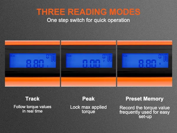 three reading modes on VEVOR digital torque wrench display: track, peak, preset memory for quick operation.