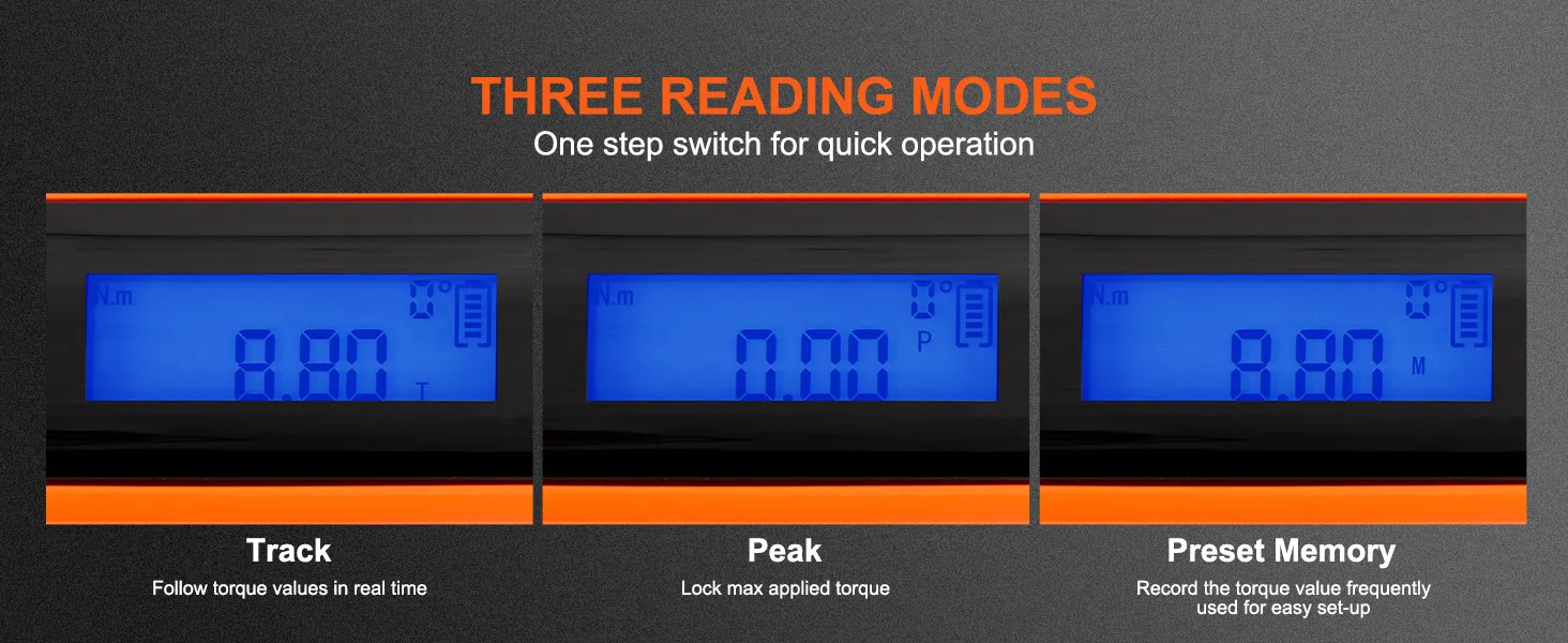three reading modes on VEVOR digital torque wrench display: track, peak, preset memory for quick operation.