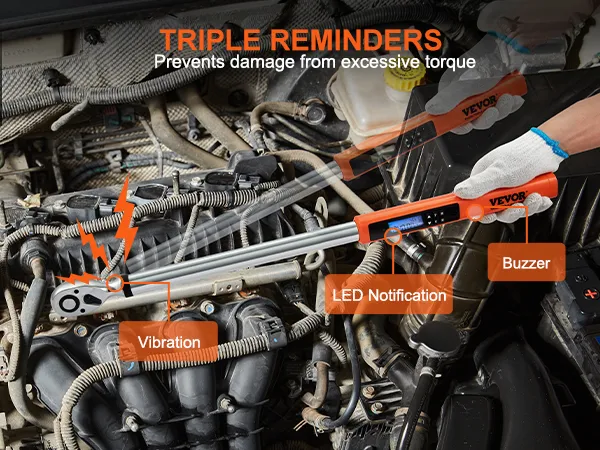 VEVOR digital torque wrench in use with triple reminders: vibration, buzzer, and led notification.