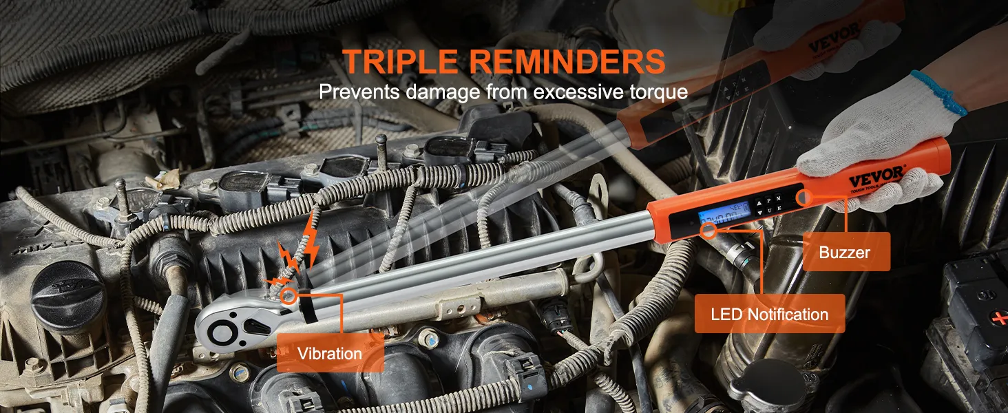 VEVOR digital torque wrench in use with triple reminders: vibration, buzzer, and led notification.