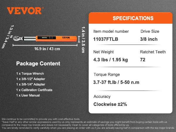 VEVOR digital torque wrench with 3/8 inch drive, 72 teeth, 4.3 lbs weight, and 3.7-37 ft.lb range.