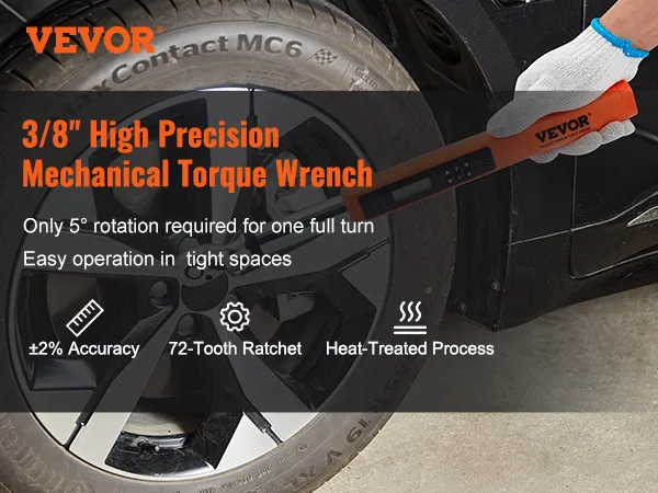 VEVOR digital torque wrench in use on a car wheel with 3/8" high precision mechanical features.