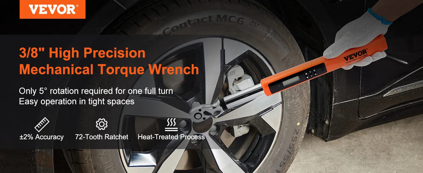 VEVOR digital torque wrench in use on a car wheel with 3/8" high precision mechanical features.