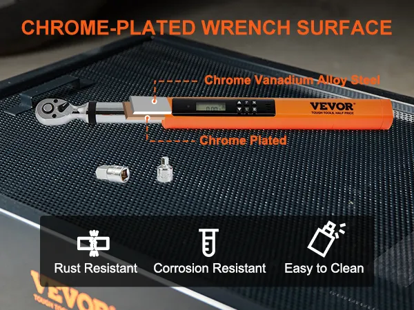 VEVOR chrome-plated wrench on a toolbox, highlighting rust resistance and easy cleaning.