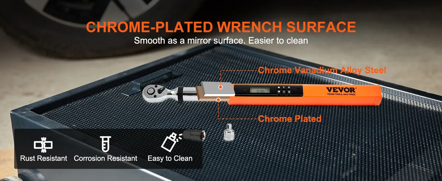 VEVOR chrome-plated wrench on a toolbox, highlighting rust resistance and easy cleaning.