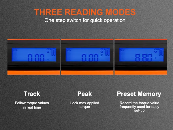 three reading modes on VEVOR digital torque wrench: track, peak, preset memory for quick operation.