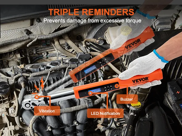 VEVOR digital torque wrench in engine bay with led notification, buzzer, and vibration alerts.
