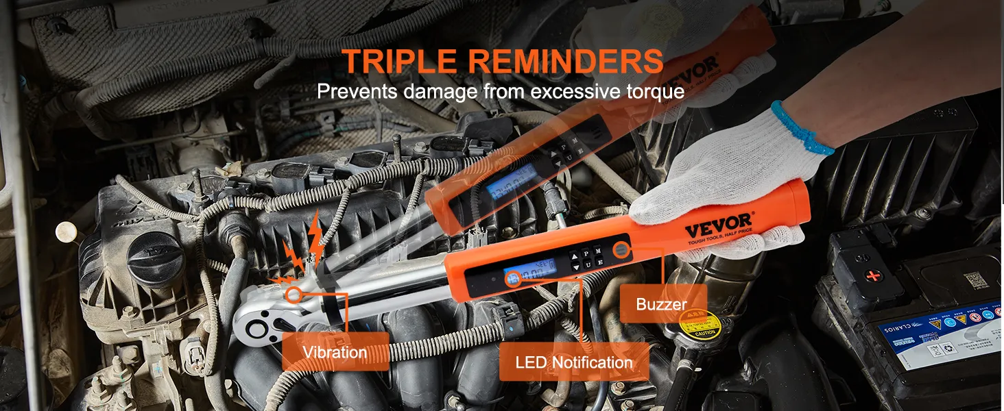 VEVOR digital torque wrench in engine bay with led notification, buzzer, and vibration alerts.