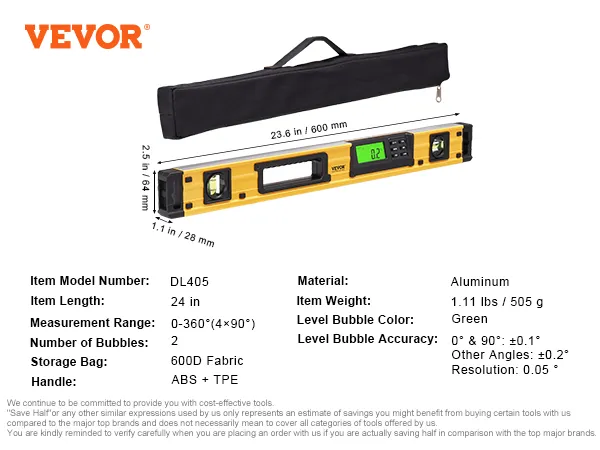 VEVOR magnetic torpedo level dl405 with 24-inch aluminum body, storage bag, and green bubble levels.