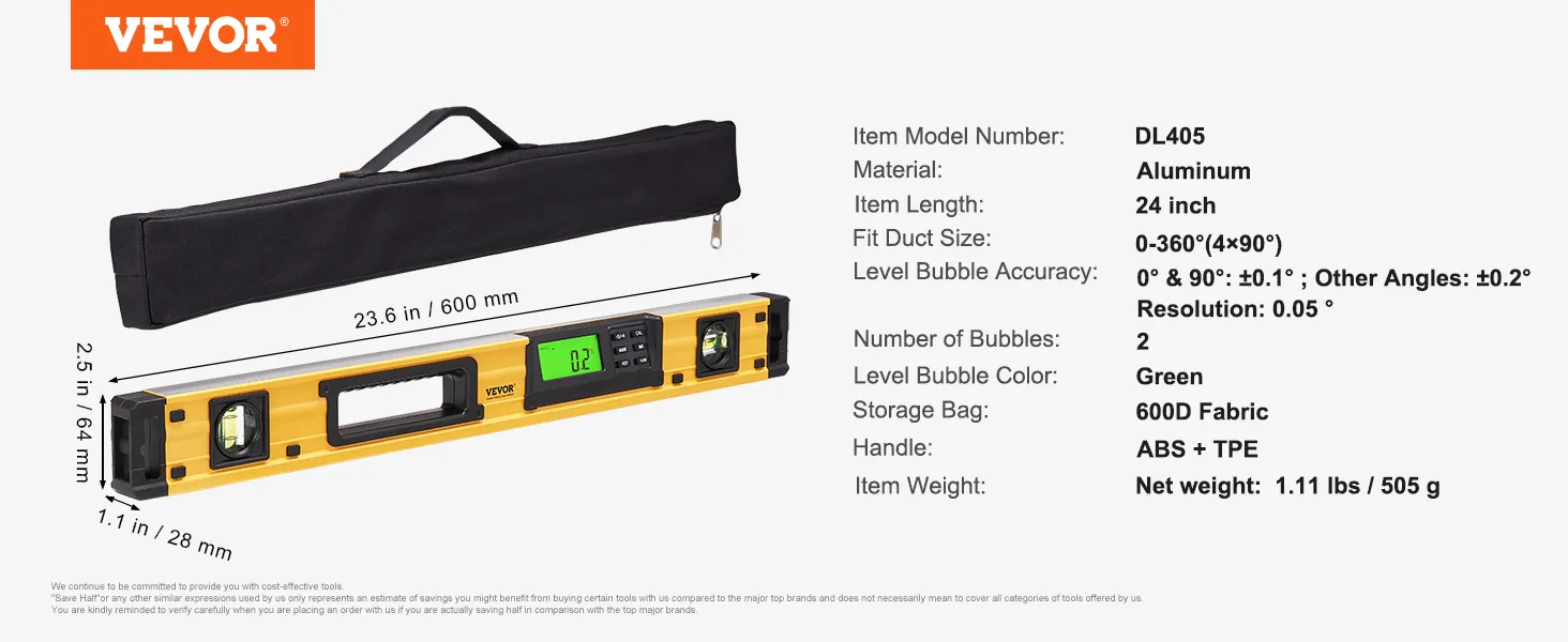 VEVOR magnetic torpedo level dl405 with 24-inch aluminum body, storage bag, and green bubble levels.