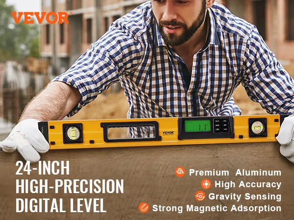 VEVOR magnetic torpedo level in use on a construction site, highlighting its digital accuracy.