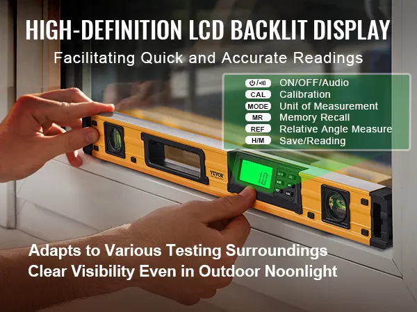 VEVOR magnetic torpedo level with backlit lcd display, showing precise angle reading indoors.