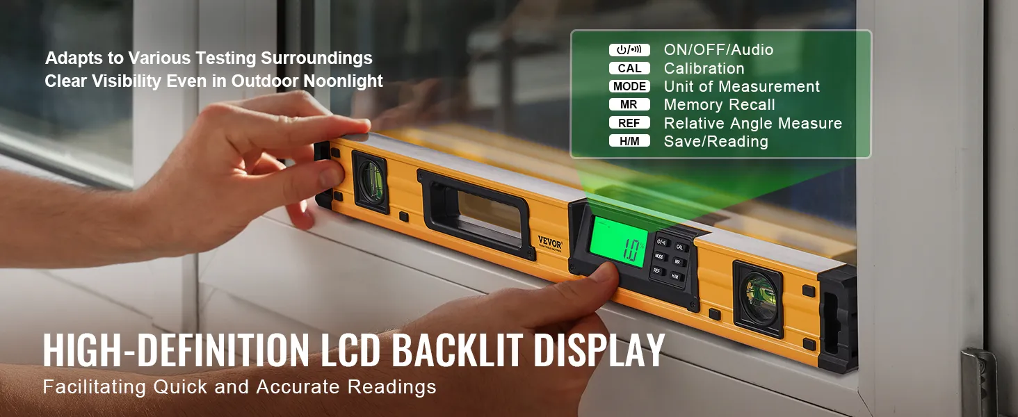 VEVOR magnetic torpedo level with backlit lcd display, showing precise angle reading indoors.