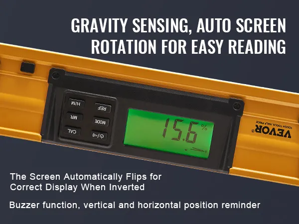 VEVOR magnetic torpedo level with gravity sensing and auto screen rotation for easy reading.